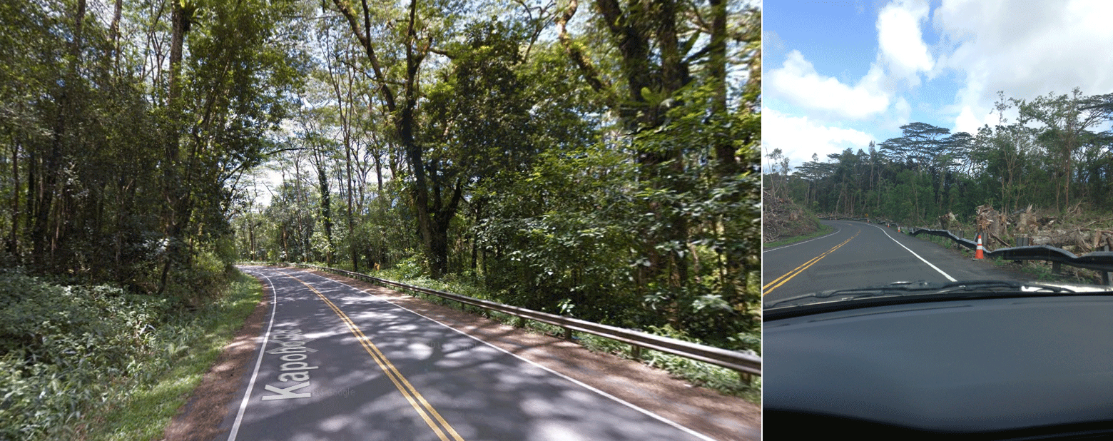 Pahoa-Kapoho Road, before and after Iselle